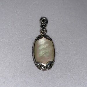 Vintage 925 Sterling Silver Mother of Pearl Shell & Marcasites Oval Pendant